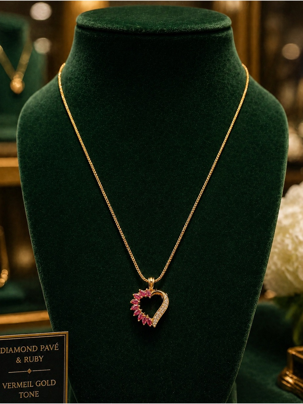 Heart-Shaped Ruby and Diamond Pavé Pendant Necklace - Gold Tone